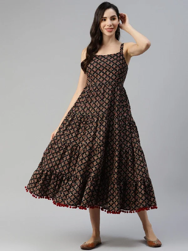 Women's Black Floral Printed Shoulder Strip Long dress - Taantav Tunics Luxurious premium