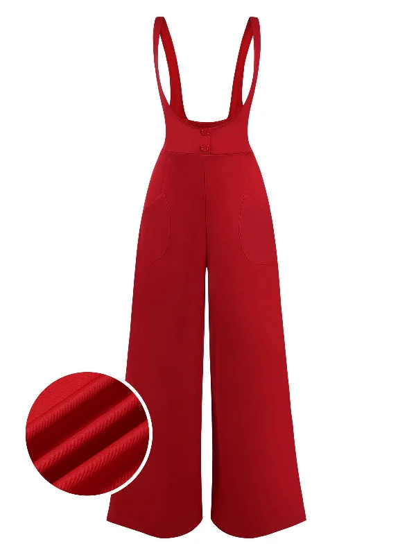 Red 1970s Suspender Wide-Leg Solid Pants Trendy Printed Leggings