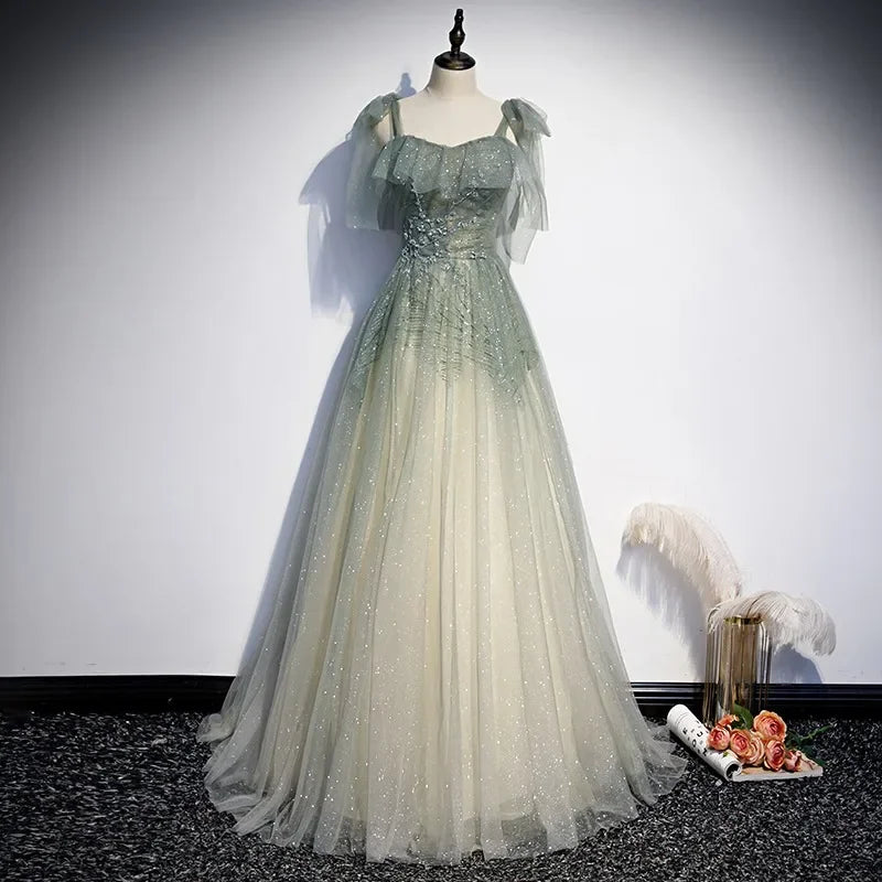 Sling Elegant Temperament Simple Wedding Party Dresses Ruffles Exquisite Mesh Tiered Prom Robe Slim Waist Lace-up Evening Dress Tunics Custom made Sling Elegant Temperament Simple Wedding Party Dresses Ruffles Exquisite Mesh Tiered Prom Robe Slim Waist Lace-up Evening Dress Tunics Custom made