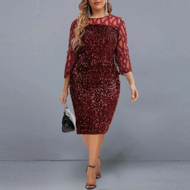 Women's Summer Dress Elegant Sequin Evening Party Dresses Mesh Patchwork Casual Midi Dress Wine Red Wedding Club Outfits Tunics Versatile functional Women's Summer Dress Elegant Sequin Evening Party Dresses Mesh Patchwork Casual Midi Dress Wine Red Wedding Club Outfits Tunics Versatile functional