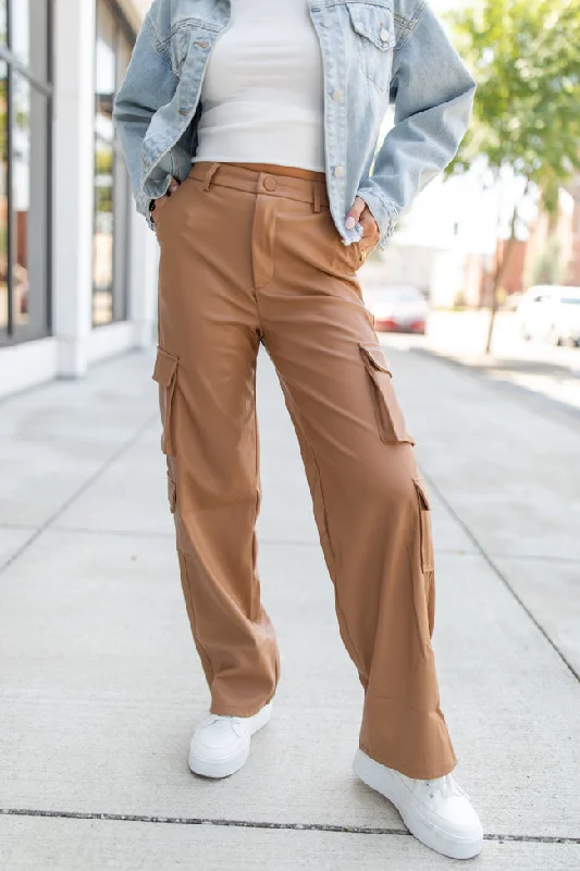 Follow My Lead Camel Faux Leather Cargo Pants FINAL SALE Casual Yoga Pants