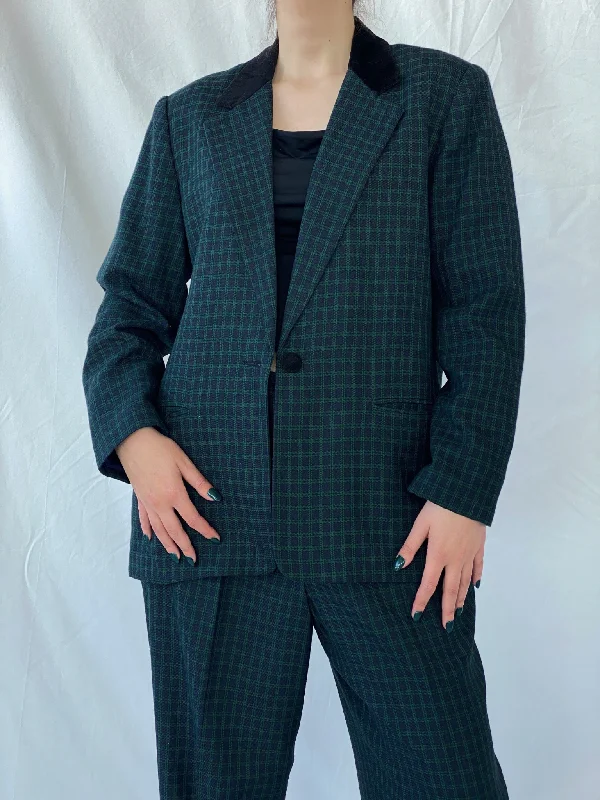 Vintage LESLIE FAY Sportswear Black and Green Plaid Blazer Pants Power Suit Set - XL Elegant High-Waist Pants Vintage LESLIE FAY Sportswear Black and Green Plaid Blazer Pants Power Suit Set - XL Elegant High-Waist Pants