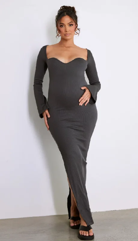 Maternity Charcoal Long Sleeve Contour Rib Dress Casual Short Summer