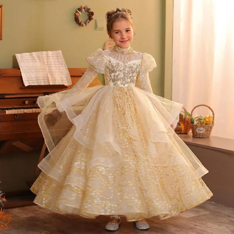 Long Sleeves A-Line/Princess Floor Length Girl Party Dress with Rhinestone Appliques Tunics Leisure comfortable Long Sleeves A-Line/Princess Floor Length Girl Party Dress with Rhinestone Appliques Tunics Leisure comfortable