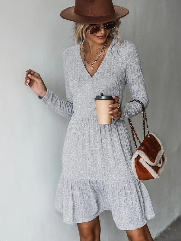 Ribbed A-Line Mini Dress For Woman Grey V-neck Long Sleeve Party Dress Spring Autumn Sundress A-Line Day Work Ribbed A-Line Mini Dress For Woman Grey V-neck Long Sleeve Party Dress Spring Autumn Sundress A-Line Day Work