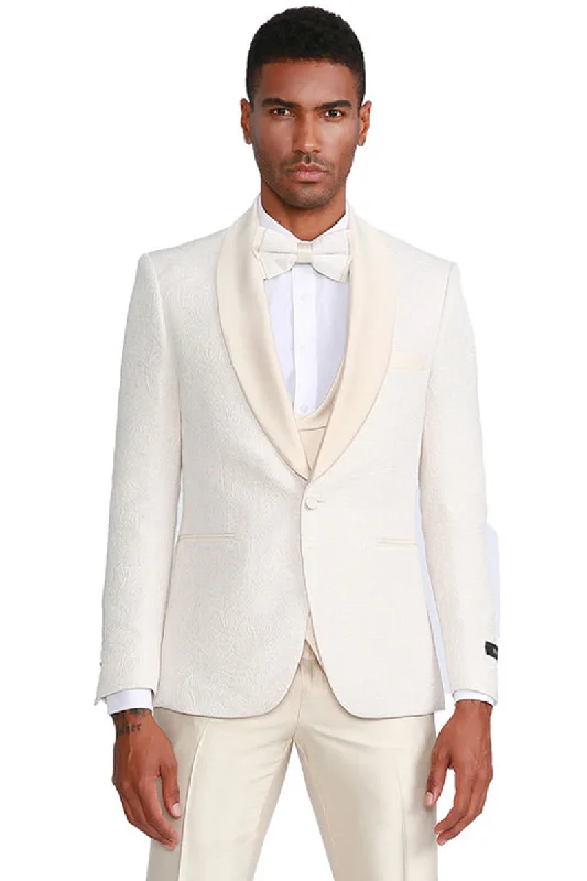 Ivory Paisley Wedding Tuxedo for Men - One Button Vested Prom Suit with Satin Vest and Pants Soft Stretch Pants Ivory Paisley Wedding Tuxedo for Men - One Button Vested Prom Suit with Satin Vest and Pants Soft Stretch Pants