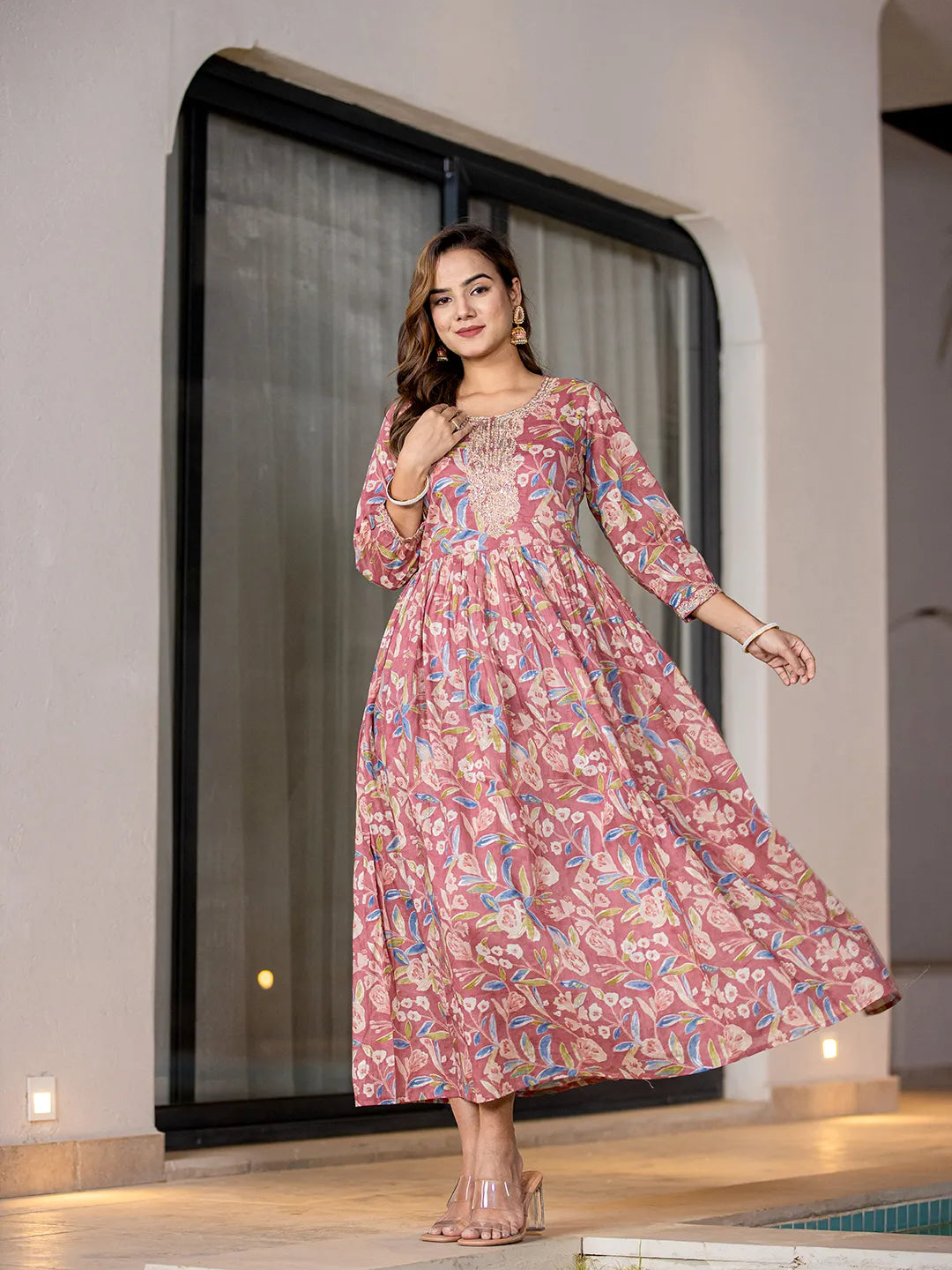 Pink Pure Cotton Sequins_Work Dress Tunics Practical durable