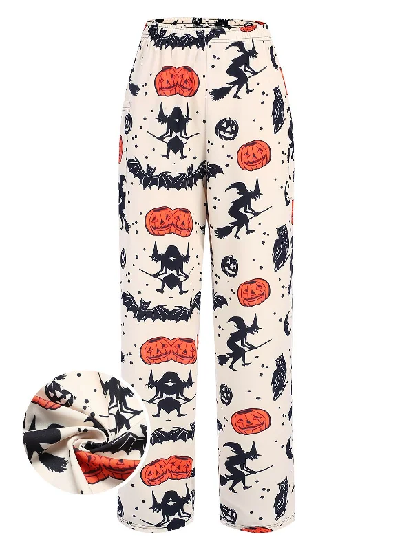 Beige 1960s Halloween Pumpkin Pocket Pants Lightweight Linen Pants