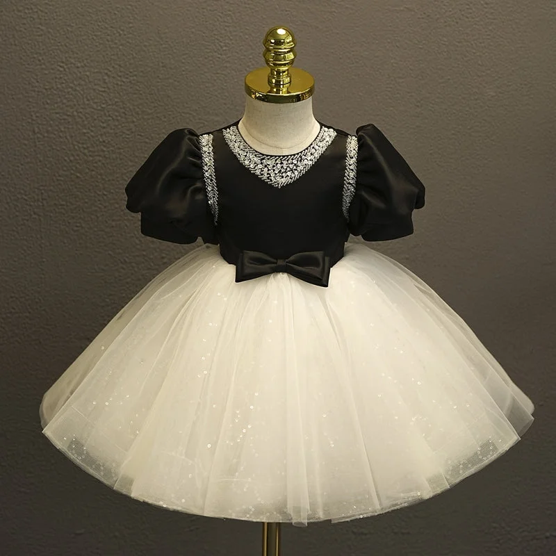 Ball Gown Short Sleeves Knee-Length Baby Girl Party Dress with Bow & Rhinestones Tunics Handmade artisanal Ball Gown Short Sleeves Knee-Length Baby Girl Party Dress with Bow & Rhinestones Tunics Handmade artisanal