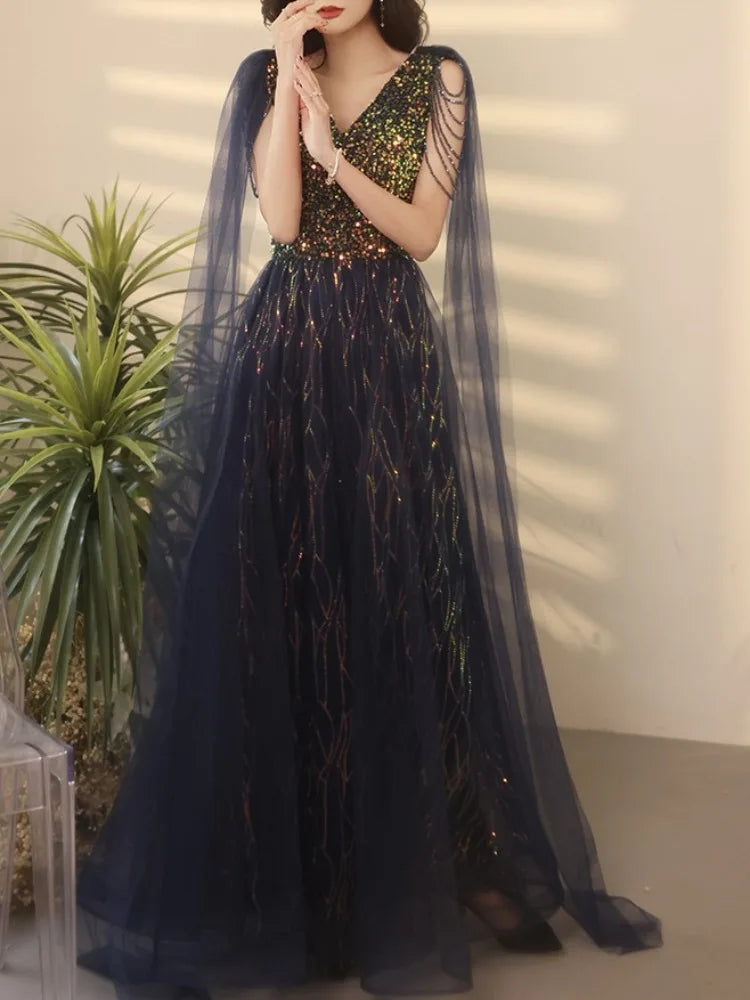 Sequined Patchwork V-neck Capes Mesh Design Wedding Party Dresses Slim Waist Temperament Prom Vestidos 2024 New Evening Dress Chiffon Maxi Beach Sequined Patchwork V-neck Capes Mesh Design Wedding Party Dresses Slim Waist Temperament Prom Vestidos 2024 New Evening Dress Chiffon Maxi Beach