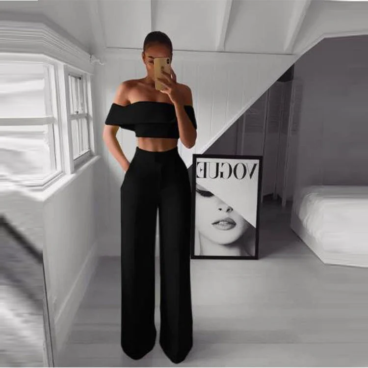 Women  Strapless  and Wide Leg Pants Sexy Two Piece Outfits Relaxed Casual Leggings