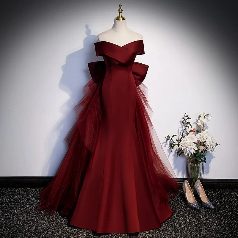 Wine Red Trumpet Evening Dress Female Slim Waist Slash Collar Elegant Wedding Party Dresses One-shoulder Temperament Vestidos Crew Neckline Sporty Wine Red Trumpet Evening Dress Female Slim Waist Slash Collar Elegant Wedding Party Dresses One-shoulder Temperament Vestidos Crew Neckline Sporty