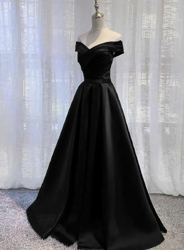 Pretty Off Shoulder Black Satin A Line Party Dress, Formal Dress, Long Black Prom Dress Tunics Versatile functional Pretty Off Shoulder Black Satin A Line Party Dress, Formal Dress, Long Black Prom Dress Tunics Versatile functional