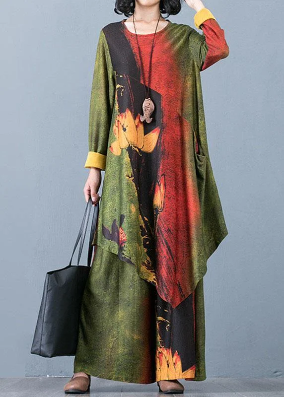 2025 Large Size Women's Chiffon Irregular Long Section Top Loose Wide Leg Pants Green Printed Two-piece Suit Trendy Wide-Legged Trousers 2025 Large Size Women's Chiffon Irregular Long Section Top Loose Wide Leg Pants Green Printed Two-piece Suit Trendy Wide-Legged Trousers
