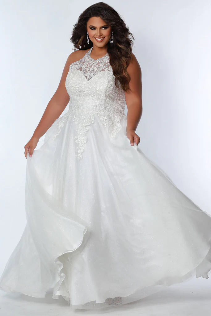 Sydney's Closet SC7352 A-Line Glitter Tulle Lace Appliques Lace Up Back Halter Neckline Plus Size Prom Dress Tunics Winter warm