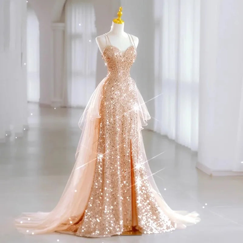 Sequined Temperament Elegant Wedding Party Dresses Slim Waist Sling Prom Dress Luxury Shinny Mesh Tailing Evening Vestidos Tunics Solid Classic Sequined Temperament Elegant Wedding Party Dresses Slim Waist Sling Prom Dress Luxury Shinny Mesh Tailing Evening Vestidos Tunics Solid Classic