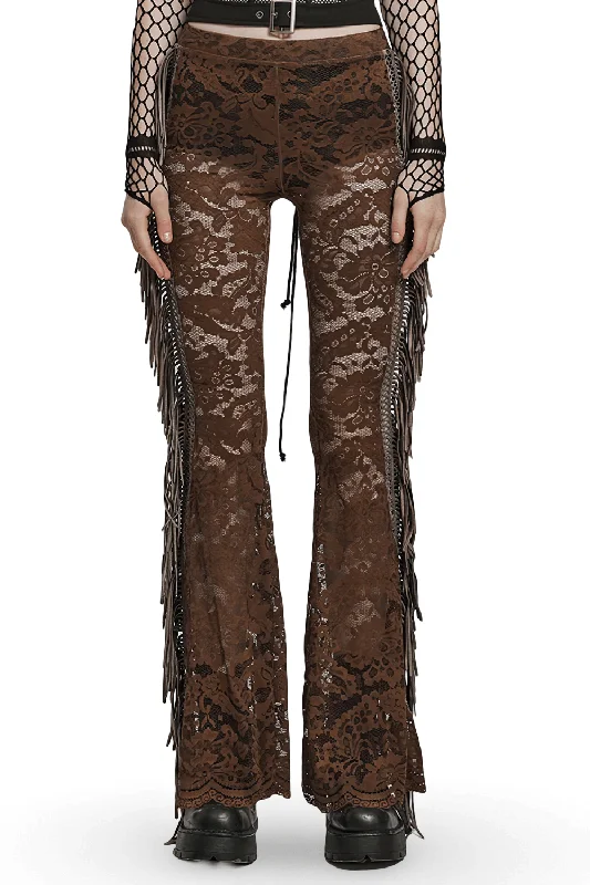 Elegant Gothic Brown Fringe Lace Pants-Flares Trendy High-Waist Trousers