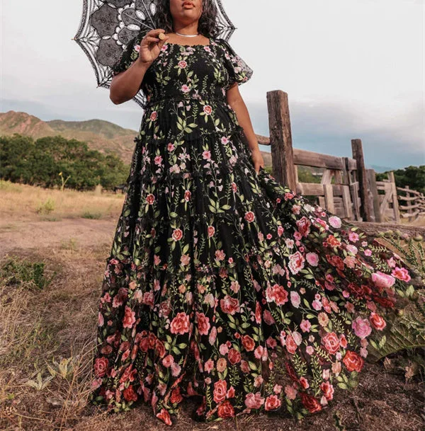A-Line/Princess V-Neck Short Sleeves Floral Formal Plus Size Party Dresses With Flowers Boat Neckline Classic A-Line/Princess V-Neck Short Sleeves Floral Formal Plus Size Party Dresses With Flowers Boat Neckline Classic