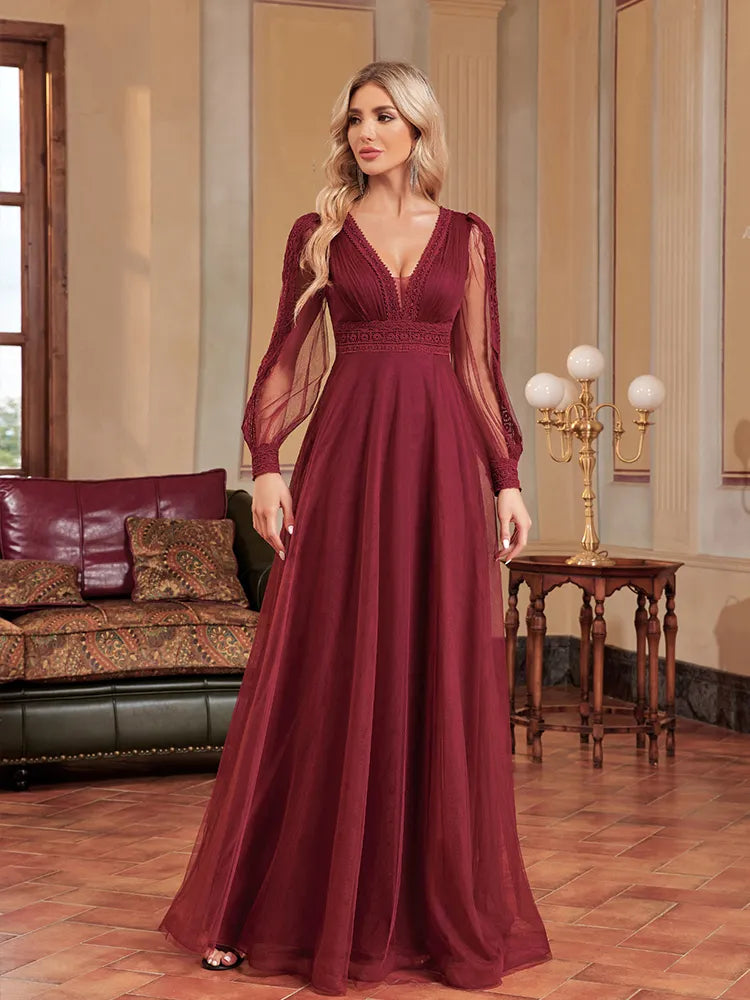 Elegant Tulle V-Neck Formal Evening Dresses Long Sleeve 2024 Womwen Floor-Length Party Dress Chiffon Cocktail Prom Tunics Distressed trendy Elegant Tulle V-Neck Formal Evening Dresses Long Sleeve 2024 Womwen Floor-Length Party Dress Chiffon Cocktail Prom Tunics Distressed trendy