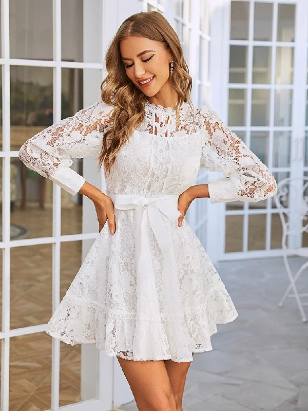 White lace party dress long sleeves ribbon hollow out midi Elegant wedding dresses Halter Neckline Beach White lace party dress long sleeves ribbon hollow out midi Elegant wedding dresses Halter Neckline Beach