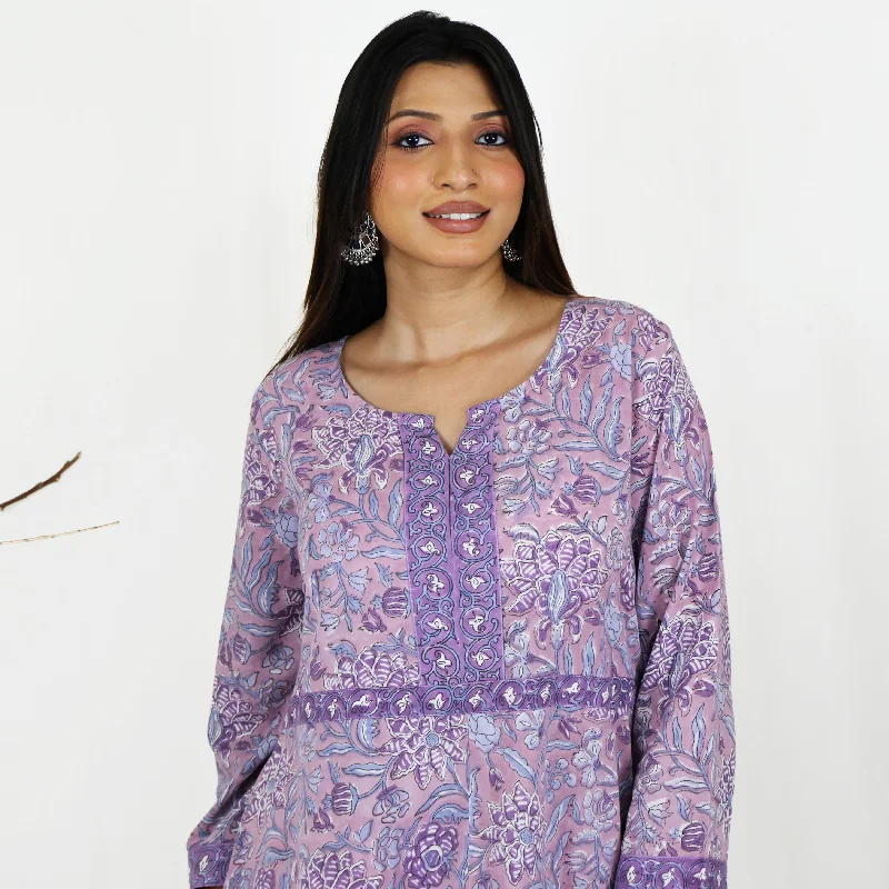 KAAYA Cotton, Jaipuri Block Print with Hand Embroidered Kurta Dress and Pant Slim Fit Casual Pants KAAYA Cotton, Jaipuri Block Print with Hand Embroidered Kurta Dress and Pant Slim Fit Casual Pants