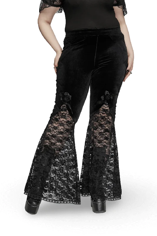 Gothic Velvet and Lace Flared Pants with Rose Trim Trendy Velvet Pants