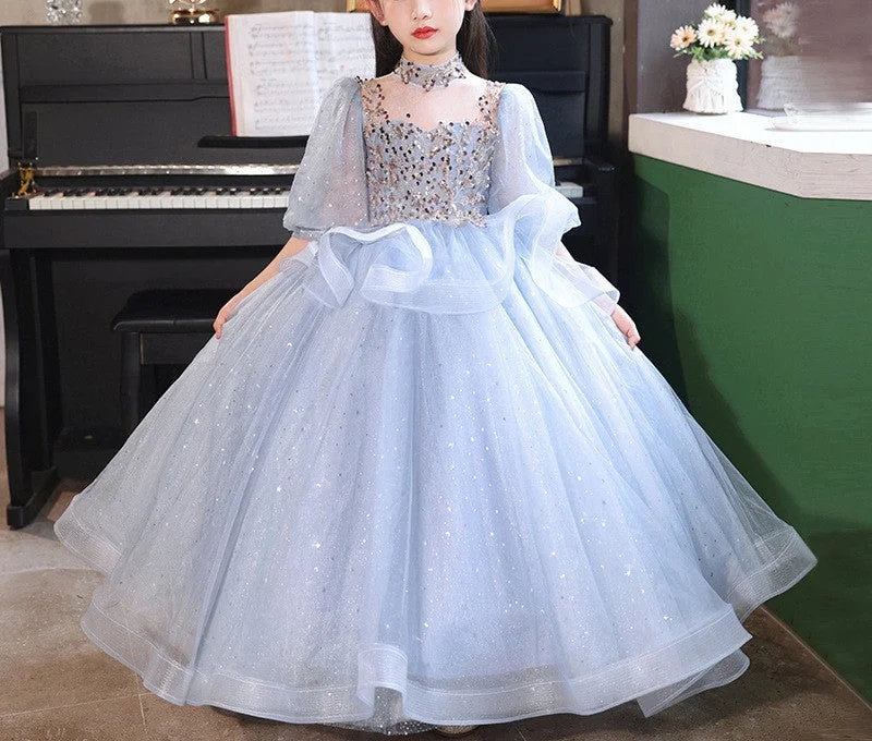 Ball Gown High Neck 3/4 Sleeves Flower Girl Party Dress with Rhinestones Tunics Cozy soft Ball Gown High Neck 3/4 Sleeves Flower Girl Party Dress with Rhinestones Tunics Cozy soft