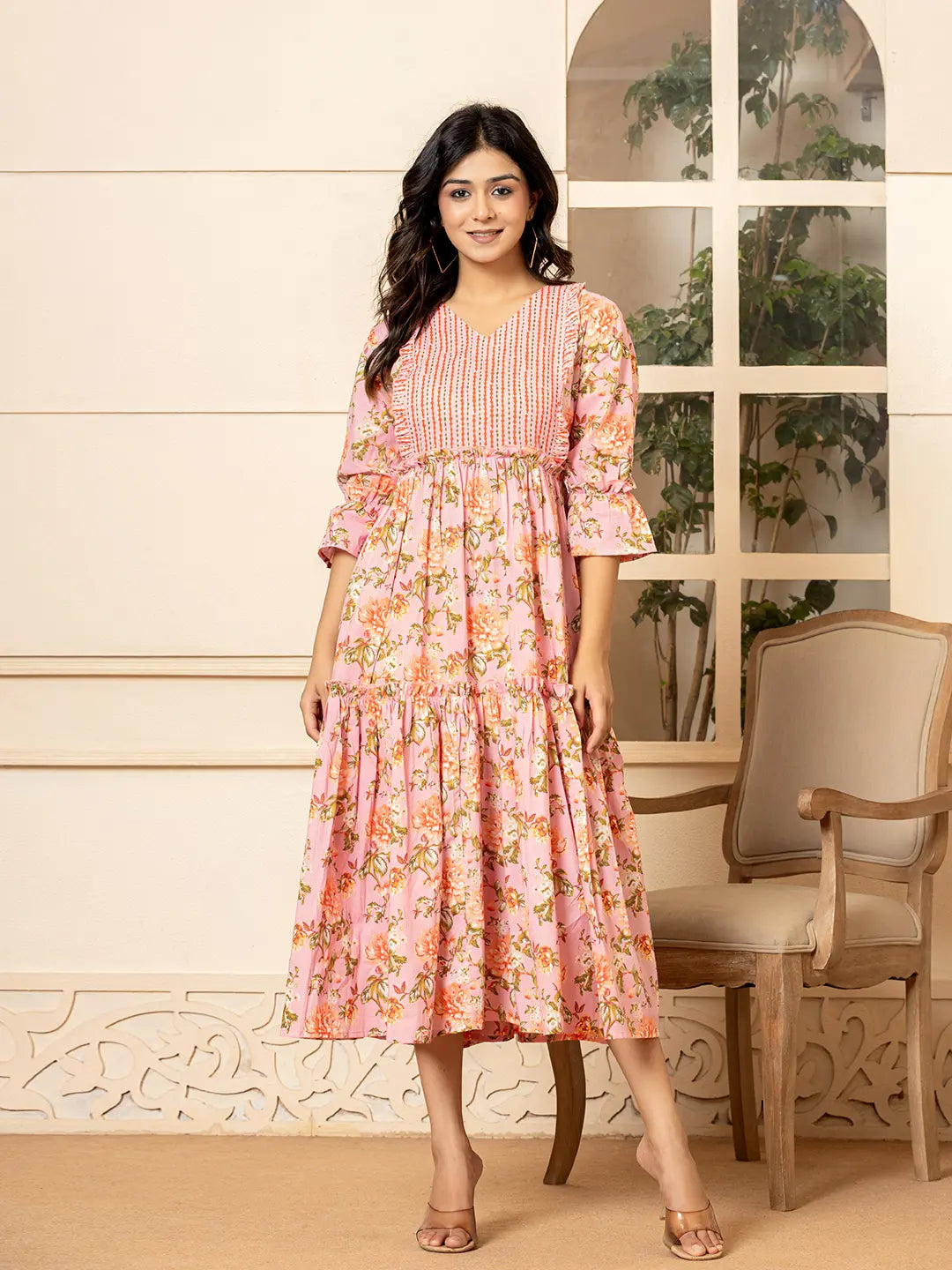 Pink Cotton Floral Print Tiered Dress With Ruffles Tunics Top rated