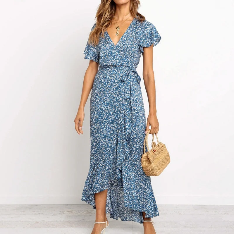 Summer Long Maxi Casual Boho Floral Print Beach V-Neck Ruffle Bodycon Wrap High Slit Party Dress Tunics Lace romantic Summer Long Maxi Casual Boho Floral Print Beach V-Neck Ruffle Bodycon Wrap High Slit Party Dress Tunics Lace romantic