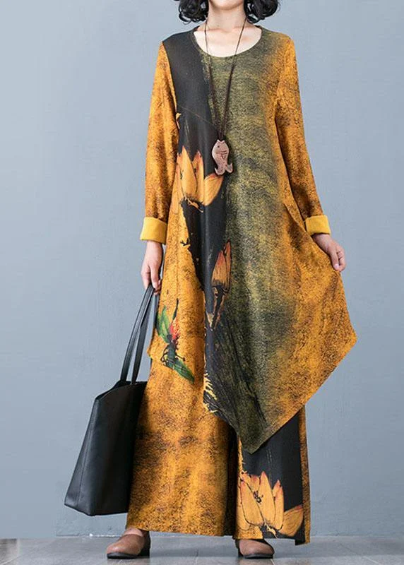 Autumn Knitted Yellow Print Irregular Medium Long Top Loose Wide Leg Pants Two Piece Set High-Waist Yoga Pants Autumn Knitted Yellow Print Irregular Medium Long Top Loose Wide Leg Pants Two Piece Set High-Waist Yoga Pants