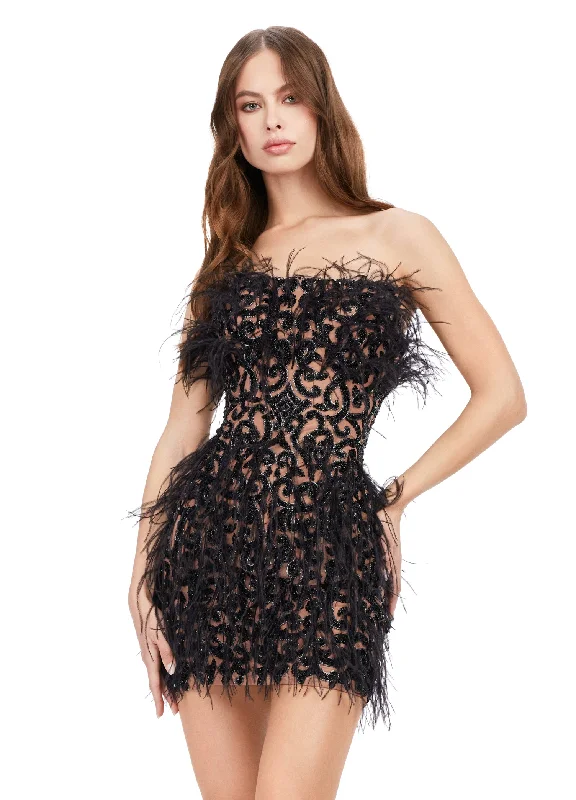 Ashley Lauren 4615 Fully Beaded Strapless Sheer Embellished Bodice Feather Detailing Cocktail Homecoming Dress Tunics Chic elegant Ashley Lauren 4615 Fully Beaded Strapless Sheer Embellished Bodice Feather Detailing Cocktail Homecoming Dress Tunics Chic elegant