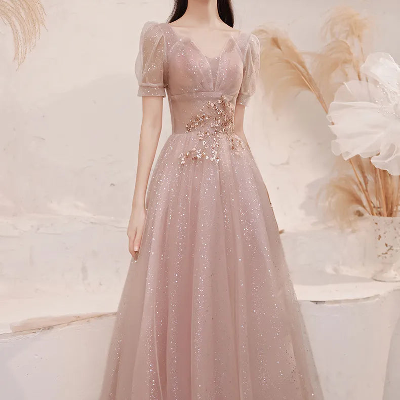 Temperament Elegant Square Collae Evening Dresses Puff Sleeve Appliques Bling Slim Waist Wedding Party Dress Tiered Prom Robe Tunics Floral girly Temperament Elegant Square Collae Evening Dresses Puff Sleeve Appliques Bling Slim Waist Wedding Party Dress Tiered Prom Robe Tunics Floral girly