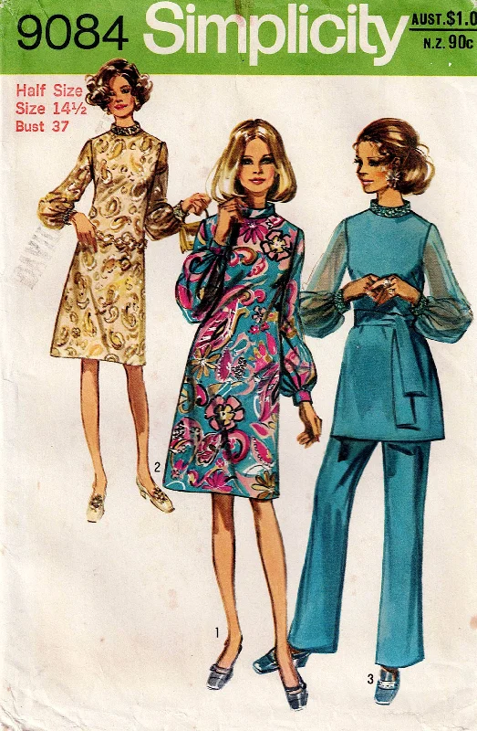 Simplicity 9084 Womens Half Sized High Collar Big Sleeved Dress Top & Pants 1970s Vintage Sewing Pattern Size 14 1/2 Bust 37 inches Modern Skinny Pants Simplicity 9084 Womens Half Sized High Collar Big Sleeved Dress Top & Pants 1970s Vintage Sewing Pattern Size 14 1/2 Bust 37 inches Modern Skinny Pants