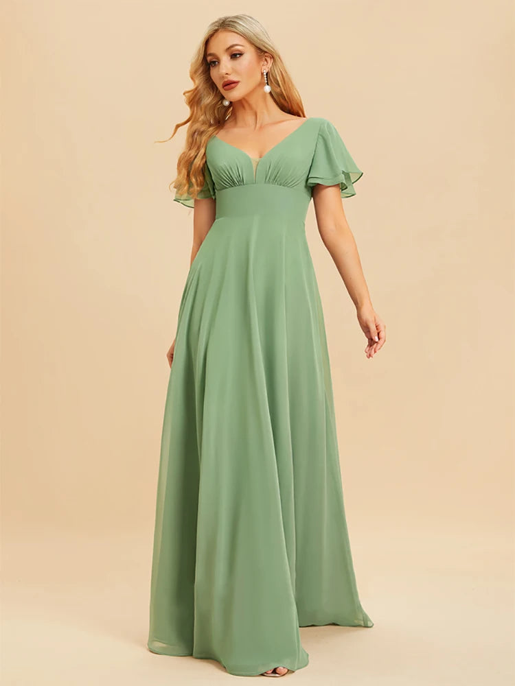 Elegant Evening Dresses Long A-LINE Short Sleeve V-neck Floor-Length 2024 Women Chiffon Simple Bridesmaid Party Dress Tunics Velvet soft Elegant Evening Dresses Long A-LINE Short Sleeve V-neck Floor-Length 2024 Women Chiffon Simple Bridesmaid Party Dress Tunics Velvet soft