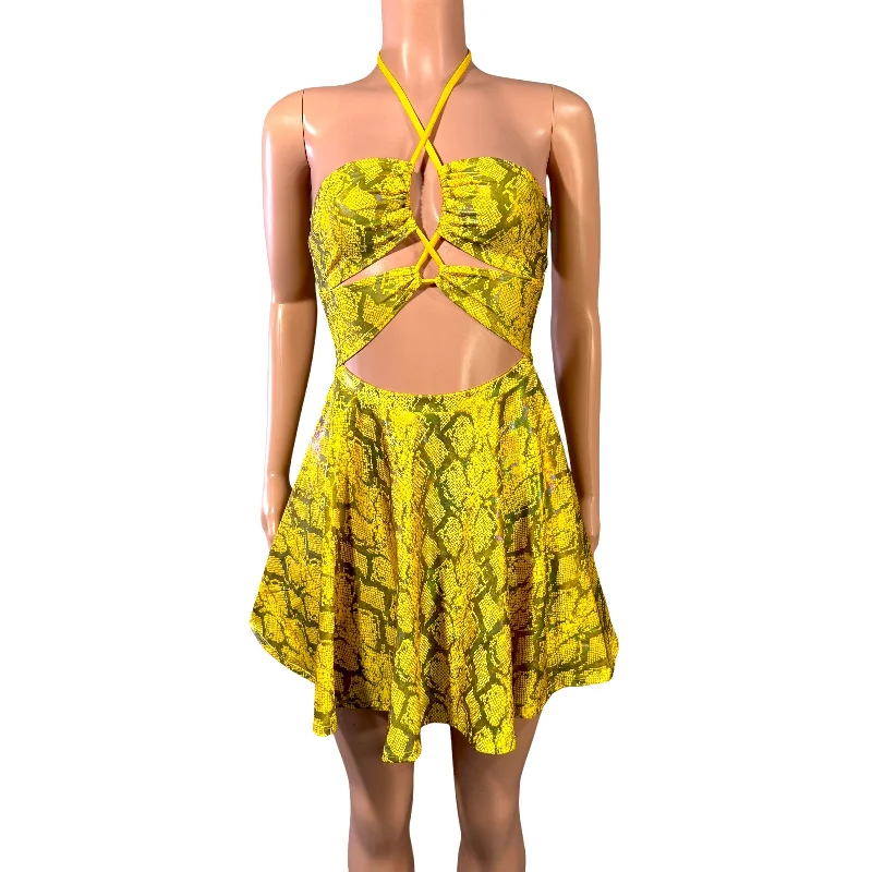 Halter Skater fit n flare X-String Dress in Yellow Snakeskin Tunics Denim casual