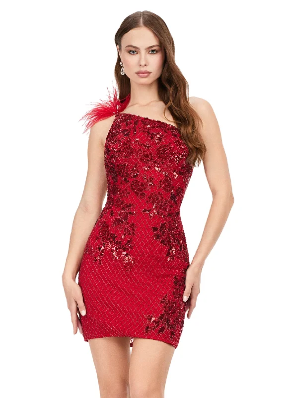 Ashley Lauren 4612 One Shoulder With Feathers Beaded Sequin Fitted Cocktail Homecoming Dress Off-the-shoulder Chic Trendy Ashley Lauren 4612 One Shoulder With Feathers Beaded Sequin Fitted Cocktail Homecoming Dress Off-the-shoulder Chic Trendy