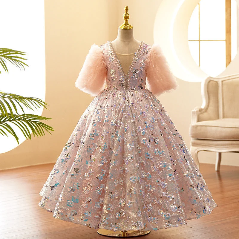Ruffle Sleeves Floor Length Princess Flower Girl Party Dress with Rhinestones & Beading Tunics Brand named Ruffle Sleeves Floor Length Princess Flower Girl Party Dress with Rhinestones & Beading Tunics Brand named