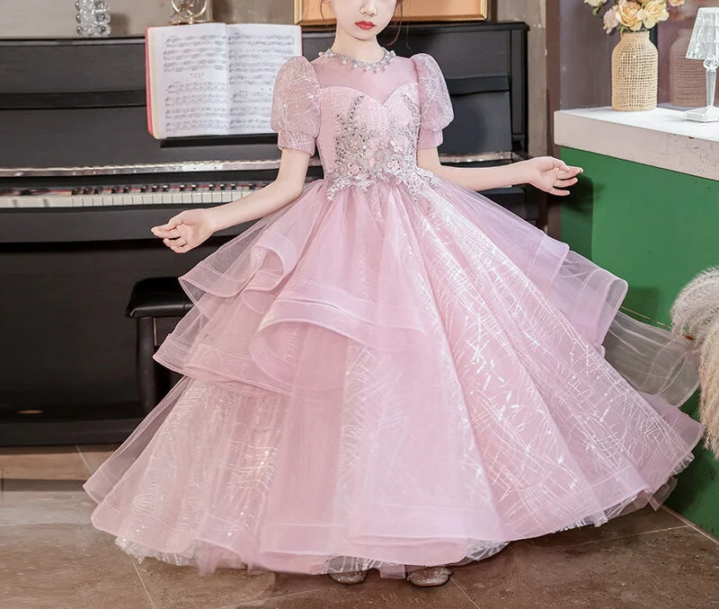 Short Sleeves Floor Length Princess Girl Party Dress with Rhinestones Appliques Sequined Elegant Party