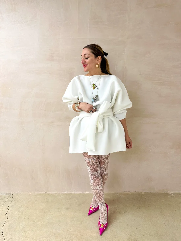 Puff Sleeve Scuba Dress In White Turtleneck Warm Winter