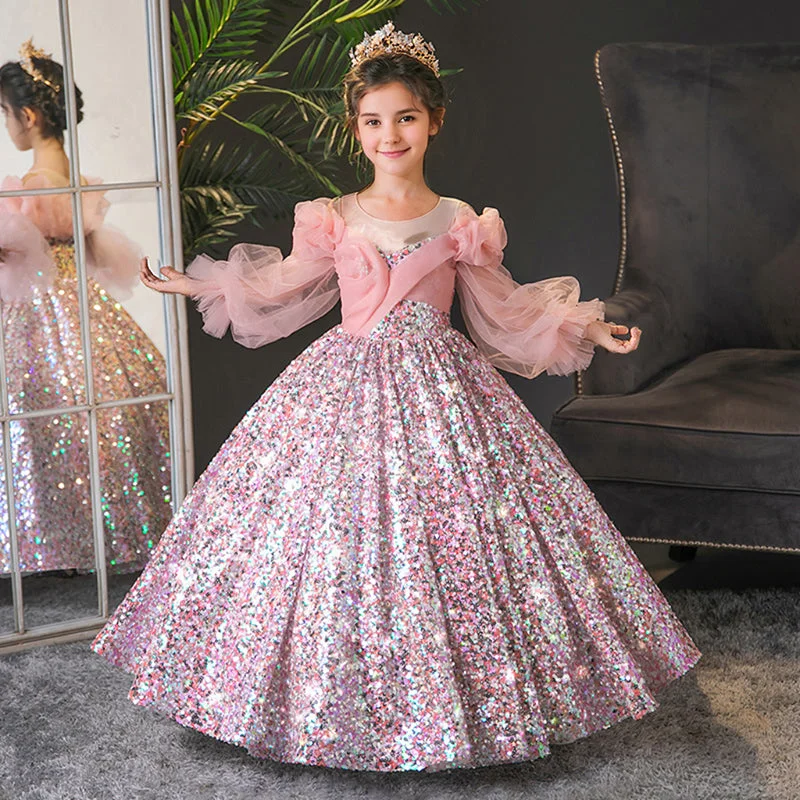 Long Sleeves Ball Gown Round Neck Flower Girl Party Dress with Ruffles Tunics Custom made Long Sleeves Ball Gown Round Neck Flower Girl Party Dress with Ruffles Tunics Custom made