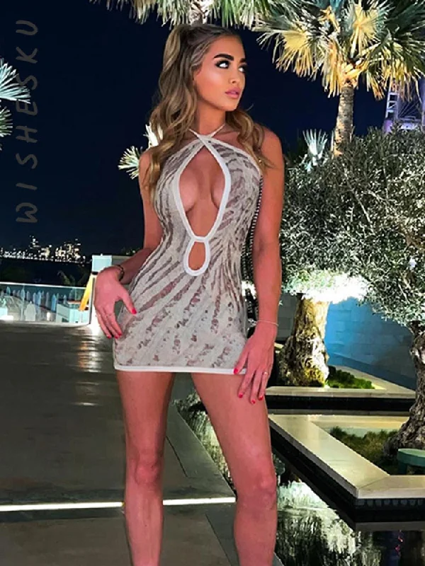 Cross Halter Cut Out Backless Mini Dress Print Sleeveless Bodycon Summer Night Club Party Dress Tunics Corduroy durable