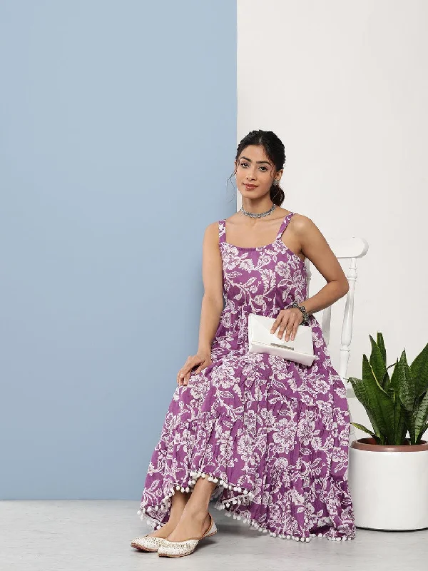 Women's Purple Floral Shoulder Strip Long Dress - Taantav Tunics Travel practical