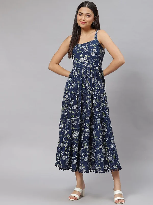 Women's Blue Floral Shoulder Strip Long Dress - Taantav Tunics Chinos classic