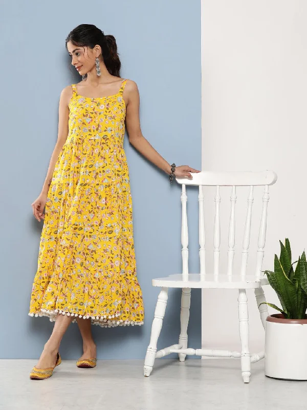 Women's Yellow Floral Shoulder Strip Long Dress - Taantav Tunics Fleece cozy