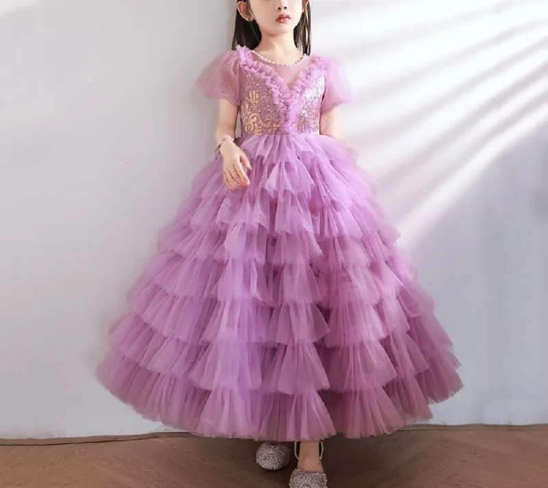 Ball Gown Short Sleeves Layered Girl Party Dresses with Rhinestone Appliques Tunics Bridal satin