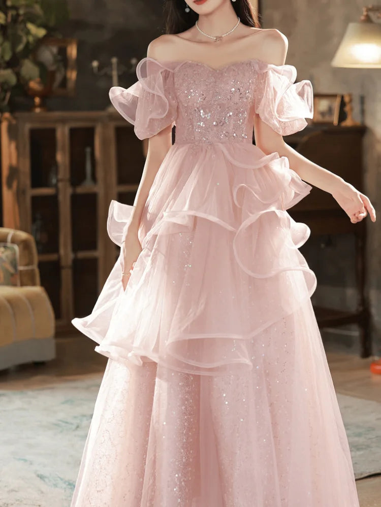 French Sweet Sequined Slim Waist Evening Dresses 2024 New Flower Sleeve Formal Dress Tiered Ruched Women Wedding Party Dress Tunics Top rated French Sweet Sequined Slim Waist Evening Dresses 2024 New Flower Sleeve Formal Dress Tiered Ruched Women Wedding Party Dress Tunics Top rated
