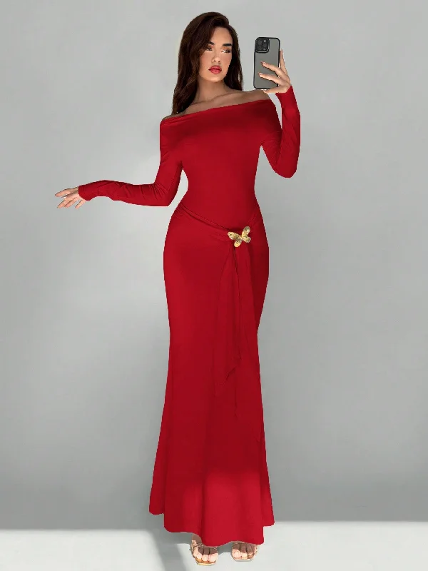 Aloruh Elegant Off Shoulder Metal Bowknot Decor Long Dress For Women Tunics New arrival