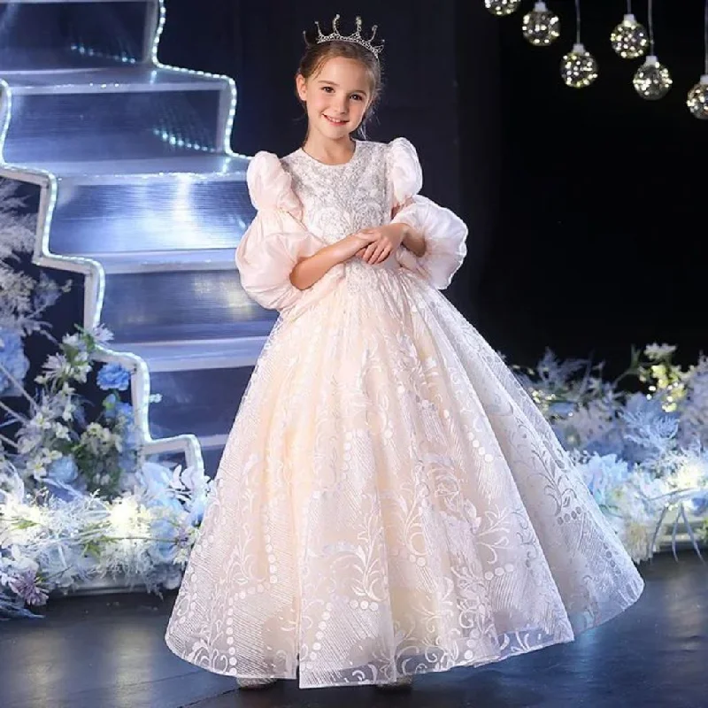 3/4 Sleeves Floor Length Round Neck Lace Girl Party Dress with Rhinestone Appliques Turtleneck Neckline Stylish 3/4 Sleeves Floor Length Round Neck Lace Girl Party Dress with Rhinestone Appliques Turtleneck Neckline Stylish