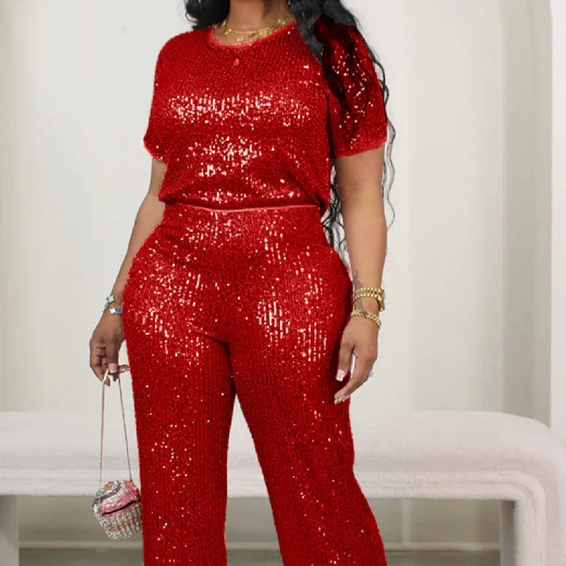 Women's Short Sleeve Sequined Casual Two-piece Pants Outfit Classic Pleated Pants