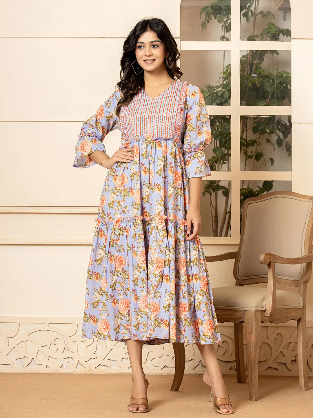 Violet Cotton Floral Print Tiered Dress With Ruffles Tunics Handmade artisanal